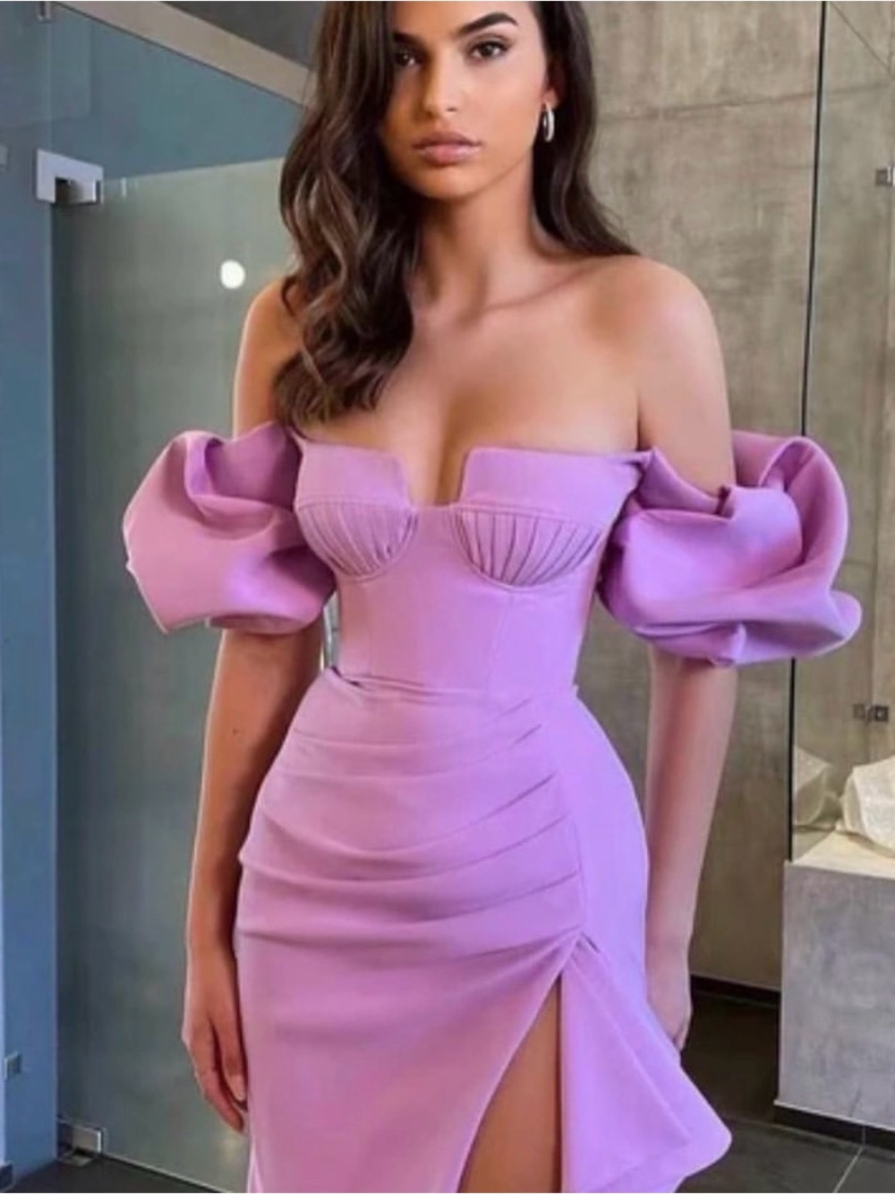 One-Shoulder Puff Sleeve Lilac Midi Dress